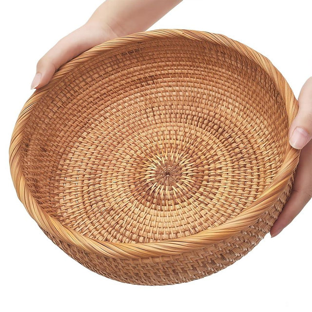 10.2" Large Round Rattan Bread Basket for Fruit, Natural Wicker Fruit Basket for Kitchen Counter, Hand Woven Food Baskets, Bread Baskets for Serving, Fruit, Vegetable, Candy, Nuts, Keys, Wallets, Etc.