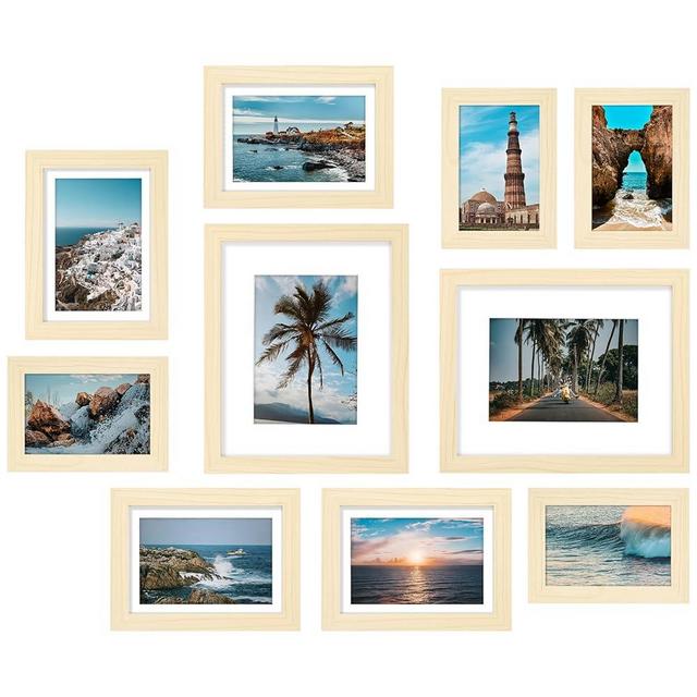 Vittanly Picture Frames Set of 10, Picture Frames Collage Wall Decor with Two 8x10, Four 5x7, and Four 4x6 Photo Frames, Gallery Wall Frame Set for Wall or Tabletop Display, Natural