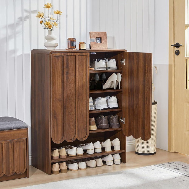 ORRD Shoe Storage Cabinet with Scalloped Doors, 5-Tier Wooden Shoe Cabinet with Adjustable Shelves, Shoes Rack Storage Organizer for Entryway, Hallway, Living Room, Walnut
