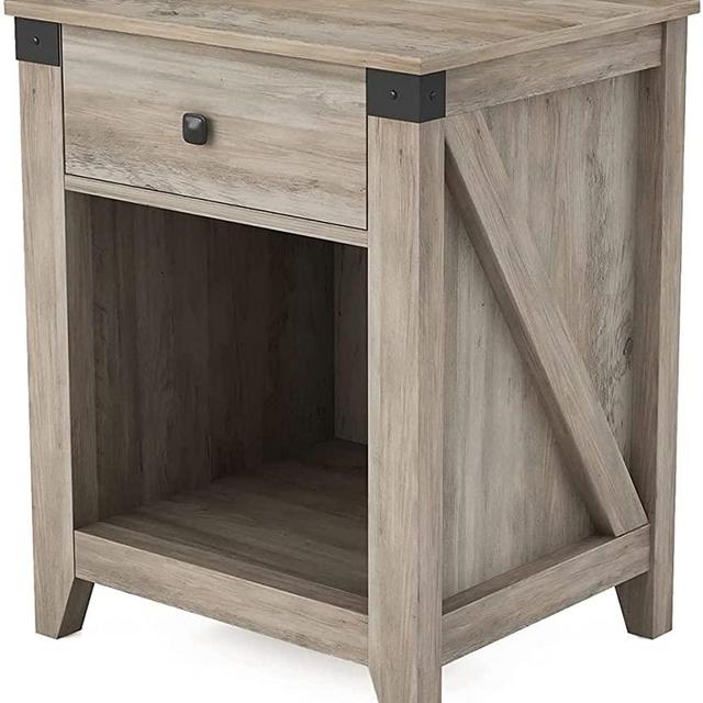 HOSEOKA Farmhouse Nightstand with 1 Drawer, Rustic Bedroom Nightstand Wood Bedside Table End Table for Living Room，24 Inch Tall
