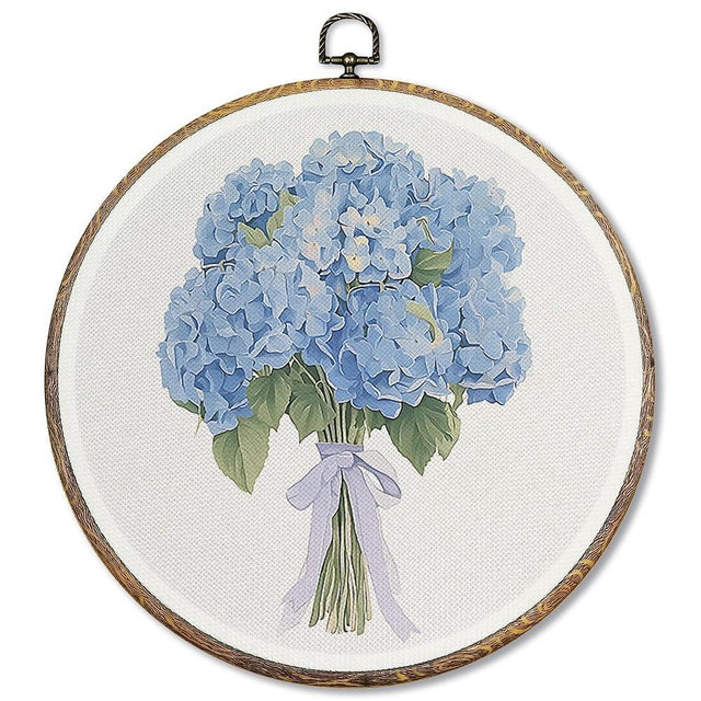 Sufamb Blue Hydrangea Round Wall Art Decor, Blue Hydrangea Floral Bouquet Canvas Artwork Framed, Cottagecore Flower Wall Hanging Prints Decorations for Home Bedroom Living Room Decor, 10x10 Inches