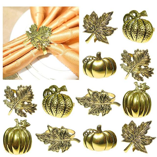 HADDIY Thanksgiving Napkin Rings,Fall Napkin Ring Set of 12 Vintage Gold Metal Leaf and Pumpkin Napkin Holder for Autumn Thanksgiving Dinner Table Settings Decoration