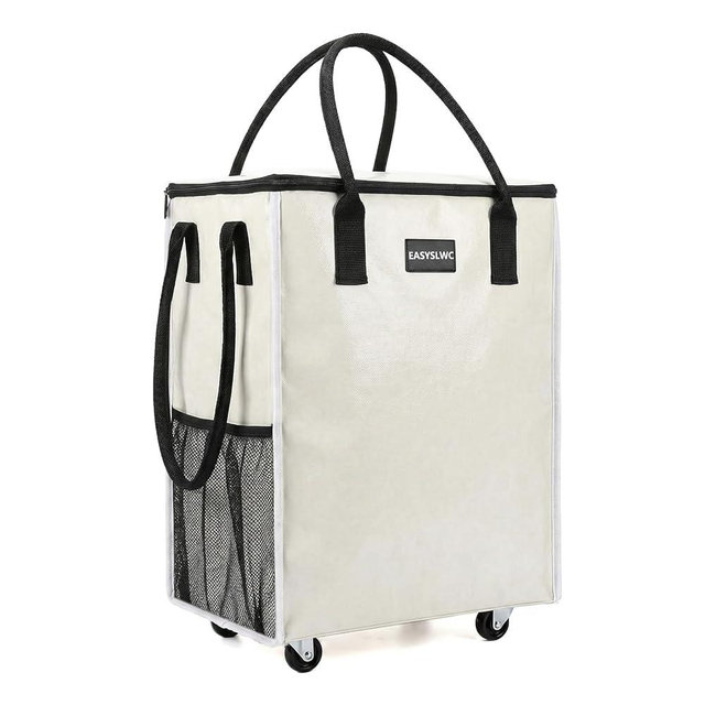 EASYSLWC Reusable Hauler Rolling Tote Bag, Collapsible Portable Shopping Cart with Wheels for Groceries, Apartments Laundry, Organization, Heavy Duty Utility Tote, Travel and Moving, 75lbs, Beige