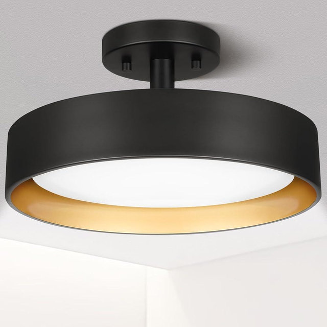 SunRider Semi Flush Mount Ceiling Light, 12 Inch 25W LED Ceiling Light Fixture Black, Gold Inside, 5000K Daylight White, Dimmable Lighting for Hallway