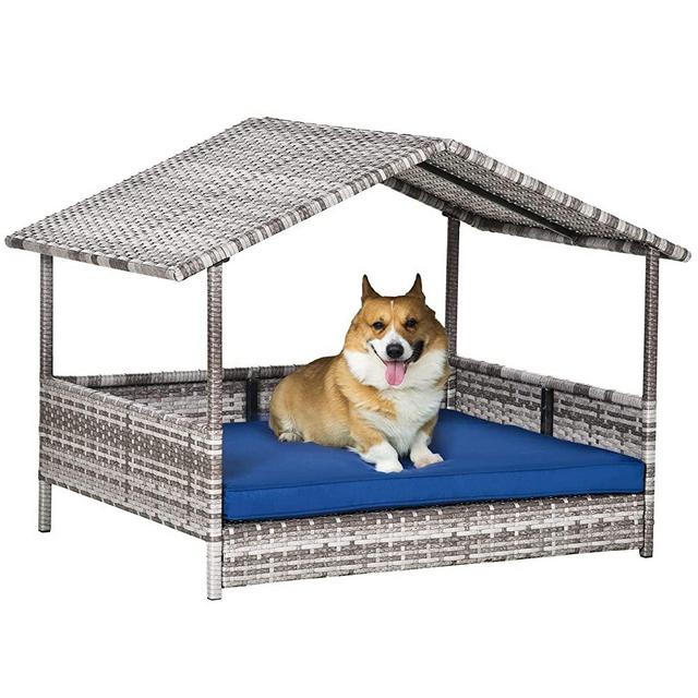 PawHut Wicker Dog House Elevated Raised Rattan Bed for Indoor/Outdoor with Removable Cushion Lounge, Dark Blue