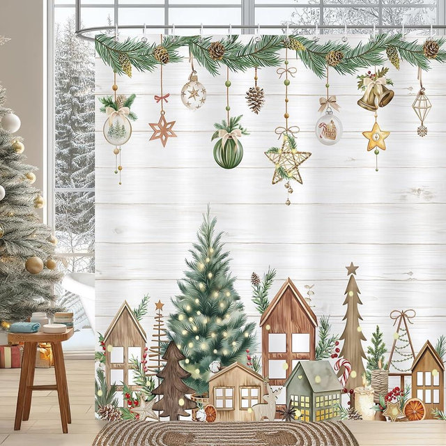 Bonhause Farmhouse Christmas Shower Curtain, Winter Xmas Tree Wooden Cabin Gifts Rustic Bathroom Decor 72 x 72 Inch Polyester Fabric Waterproof Bath Curtain with 12 Hooks