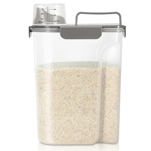 TBMax Airtight Rice Container 10 Lbs, Cereal Dispenser, Pet Cat Dog Food Storage Container, Plastic Kitchen Pantry Food Storage Holder with Cup -Dark Grey