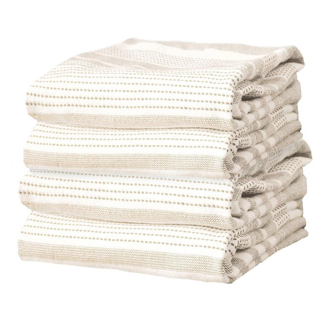 T-Fal Skipping Stripe Dual Kitchen Towel, 18" x 28", Highly Absorbent 100% Cotton, 4-Pack, Toast