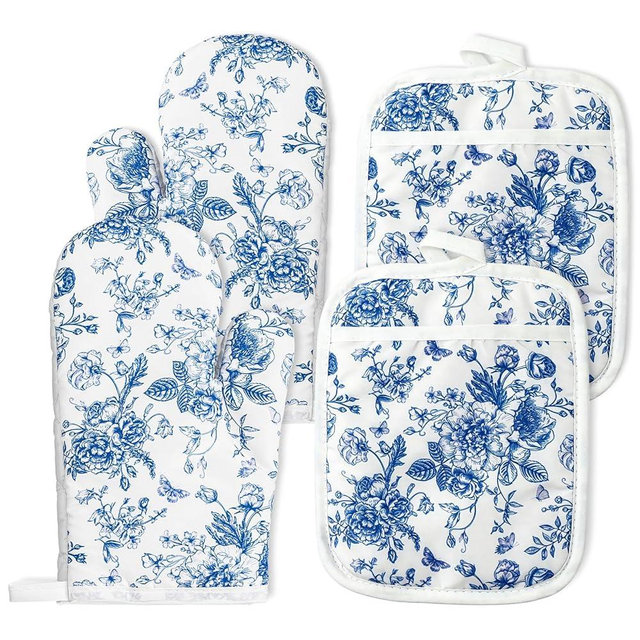 AnyDesign 4Pcs Blue Porcelain Floral Oven Mitts and Pot Holders Set Heat Resistant Non-Slip Potholders Chinoiserie Flower Kitchen Oven Gloves with Hot Pads for Cooking Baking