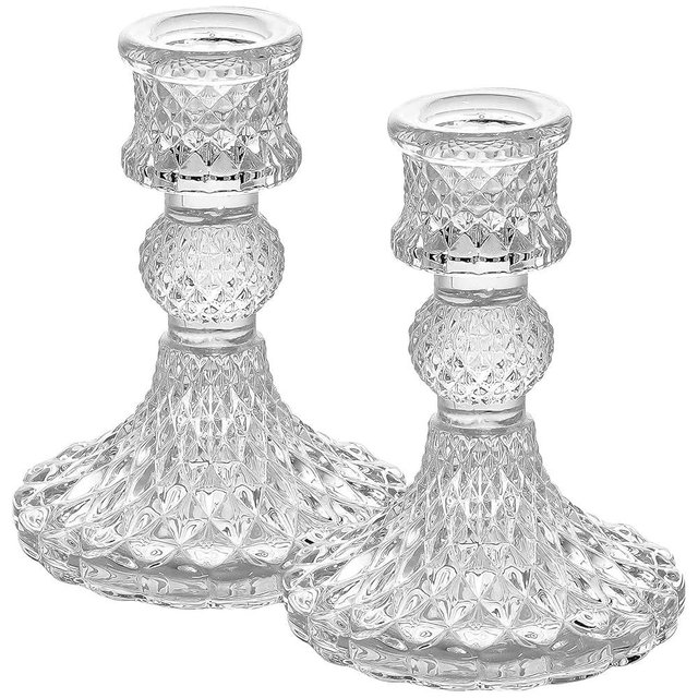 Clear Glass Candlestick Holders Set of 2，Taper Candle Holders Fit 0.8 Inch Candles, Crystal Decorative Candle Stand Centerpiece for Table Wedding Dinning Party 4 Inch Tall