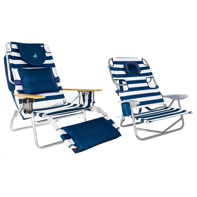 Ostrich Portable Deluxe 3-in-1 Padded Sports Chair w/5 Positions and Footrest & On-Your-Back Outdoor Camping Recliner w/5 Positions, Blue Stripe