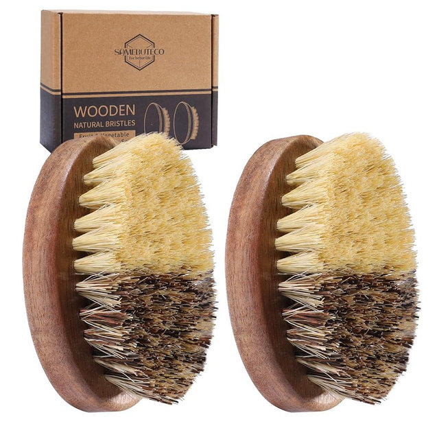 SAMEBUTECO Fruit & Vegetable Cleaning Brushes with Acacia Wood Handle Natural Half Sisal Bristle Half Palm Fibers Bristles Design,Oval Shape Easy Hold,Pack of 2,Brown