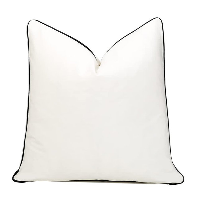 THE-TINOART Square Solid Color Velvet Throw Pillow Covers with Black Piping , 22x22 Soft Decorative Cushion Covers Pillowcases for Sofa Couch Bed, White