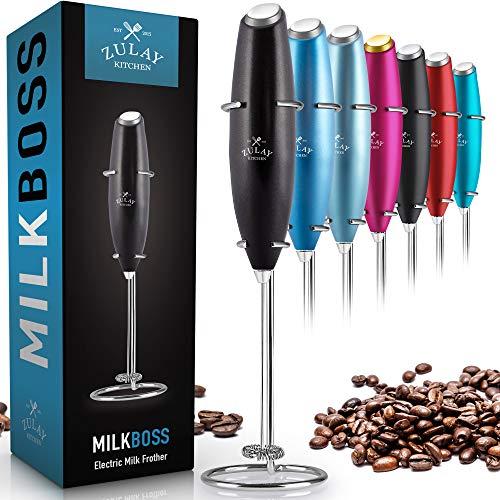 Zulay High Powered Metallic Milk Frother Handheld Foam Maker for Lattes - Whisk Drink Mixer for Bulletproof® Coffee, Mini Foamer for Cappuccino, Frappe, Matcha, Hot Chocolate by Milk Boss - Metallic Black