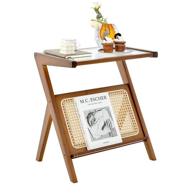 Costway Rattan Side Table Bamboo Accent Bedside Table with Tempered Glass Top Walnut