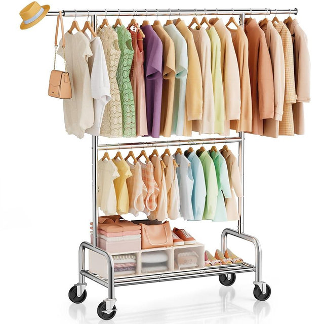 Heavy Duty Clothes Rack Load 660 LBS , Rolling Garment Rack with Lockable Wheels, Double Rod Extendable Clothing Rack with Adjustable Middle Rod & Storage Shelf for Bedroom, Laundry, Closet (Silver)