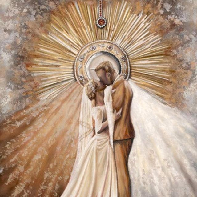 Beautiful Catholic Wedding Giclee Fine Art Print. Bride & Groom with Divine Mercy Rays and the Eucharist. Titled, "As I Have Loved You."