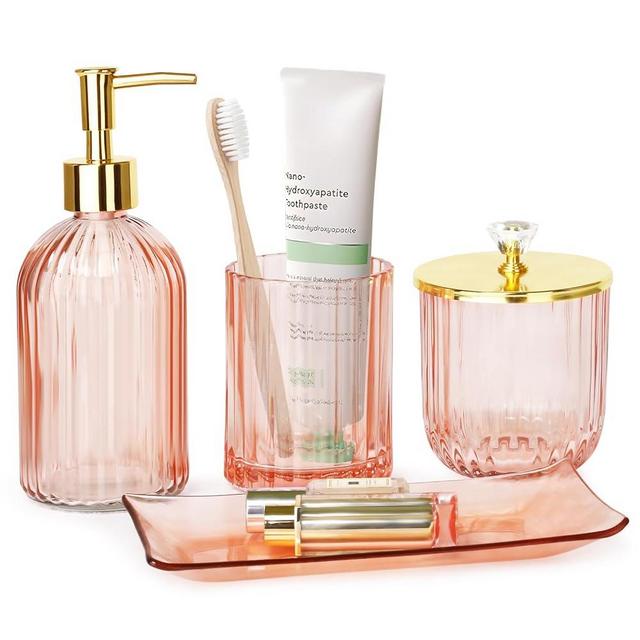 boailydi Pink Bathroom Accessories Sets Complete, Modern Glass Bathroom Decor Sets, Cute Soap and Toothbrush Holders, Bathroom Soap Dispenser Set, Bathroom Essentials for New Apartment, Restroom