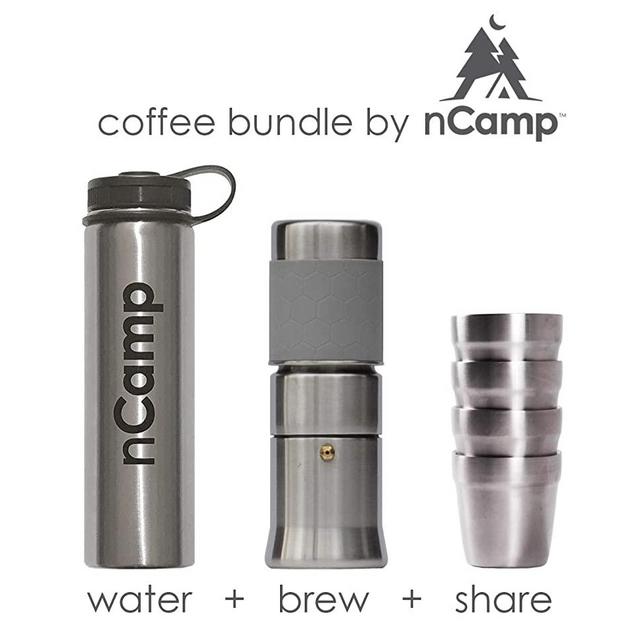 nCamp Camping Coffee Kit, Espresso Style, Includes Coffee Maker, Stainless Steel Water Bottle, and 4 Pack of Coffee Cups - Backpacking, Hiking, Camp, Picnic, Tailgating