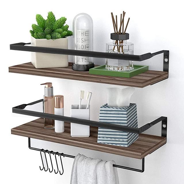ENDOTO Floating Shelves with Towel Bar, Wall Mounted Storage Shelves Organizer for Bathroom, Kitchen, Bedroom, Living Room & Hallway, Set of 2