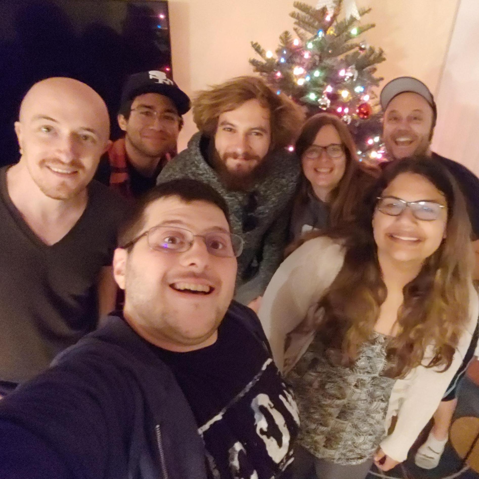 A post-pro-wrestling-viewing-party pic with our friends Justin, Angel, Joe, Jenn, and Kevin!  And Kevin and Jenn's Christmas tree.
