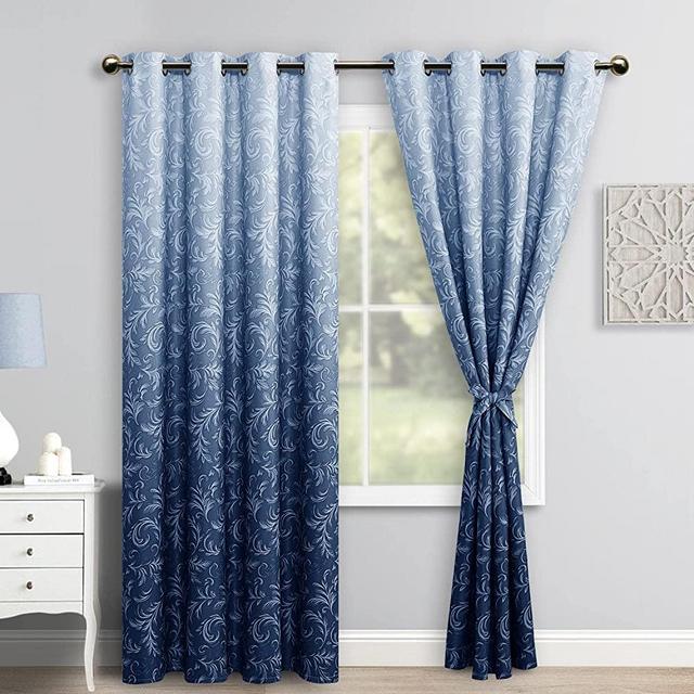 JIUZHEN Ombre Blackout Curtains 84 Inches - Paris Paisley Pattern Thermal Insulated Blackout Energy Savings Room Darkening Grommet Curtains for Bedroom Living Room, W52 x L84, Set of 2,Navy Blue