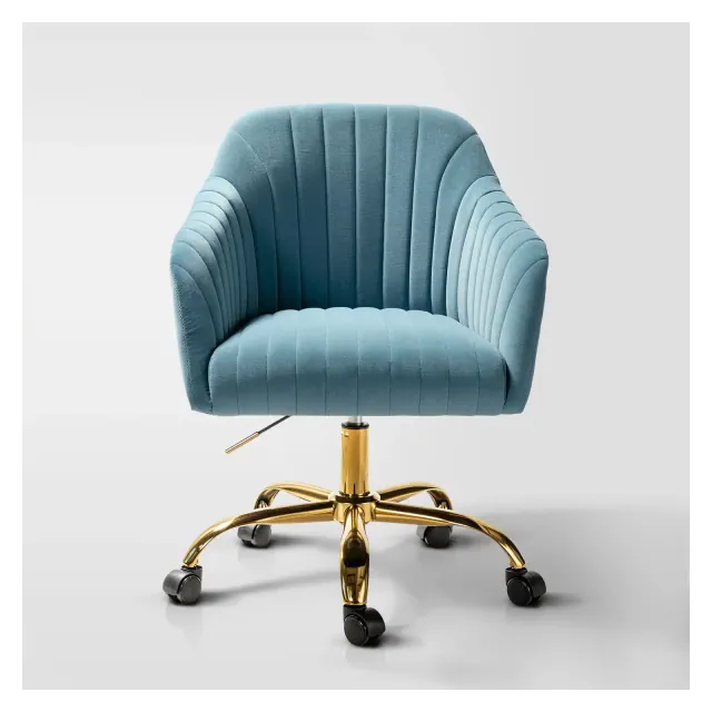 Alex Velvet Height-adjustable Swivel Task Office Chair with Channel-tufted Back and Gold Metal Base | Karat Home - Blue