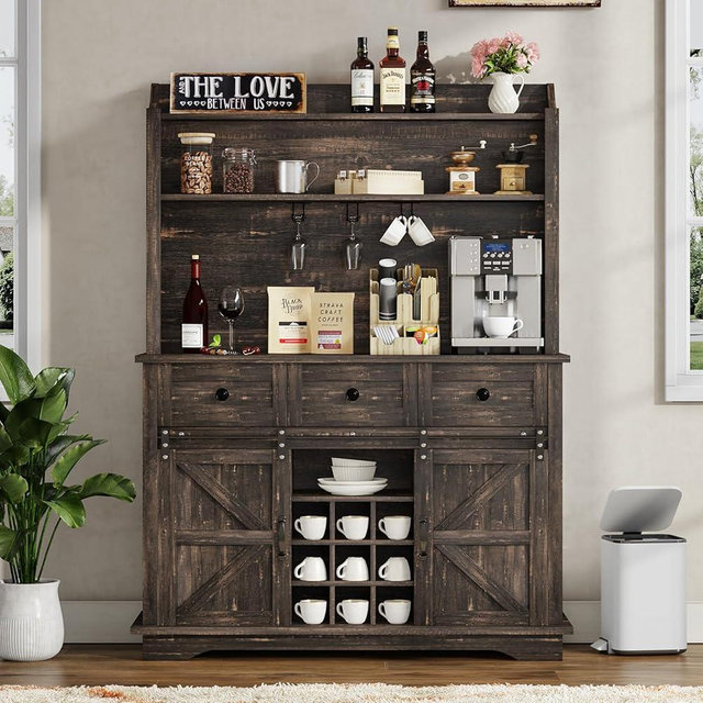 63'' Tall Coffee Bar with 3-Tier Storage, Farmhouse Kitchen Hutch Storage Cabinet with 3 Storage Drawers, Coffee Station Cabinet with Glass Holders, Wine Bar Cabinet for Living Dining Room, Oak