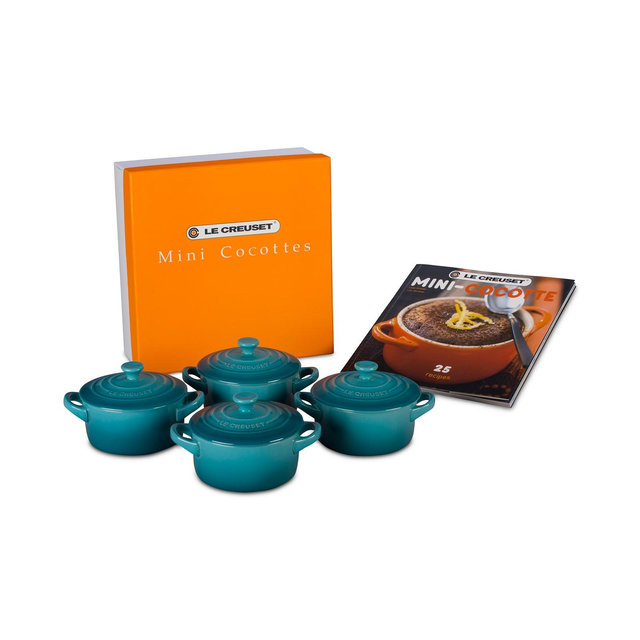 Le Creuset Caribbean Set of 4 Mini Round Stoneware Cocottes with Recipe Booklet
