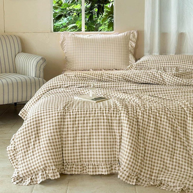 NSNLGSGC Tan Ruffle Gingham Comforter Set Queen, Pre-Washed Ruffled Taupe Plaid Checked Comforter Bedding, 3 Pieces Vintage Farmhouse Grid Bedding Set(Tan Gingham, Queen)