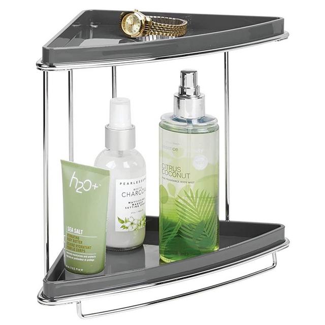 mDesign Metal 2-Tier Corner Storage Organizing Caddy Stand for Bathroom Vanity Countertops, Shelving or Under Sink - Free Standing, 2 Plastic Shelves - Charcoal Gray/Chrome