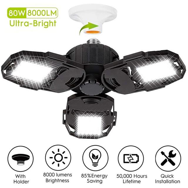 LED Garage Lights, 80W Deformable Garage Ceiling Light 8000LM E26 Basement Lights with 3 Adjustable LED Panels 270° – Fits for Garage, Warehouse, Barn, Workshop and Yard (NO Motion Activated)