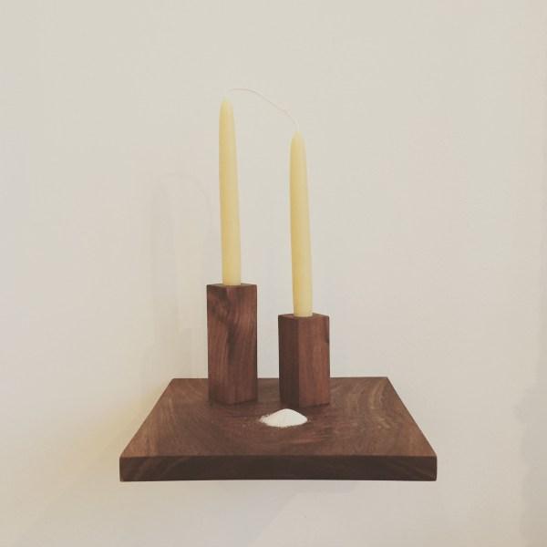 Beeswax tapers w/ walnut holders.  Made in Charlottesville.