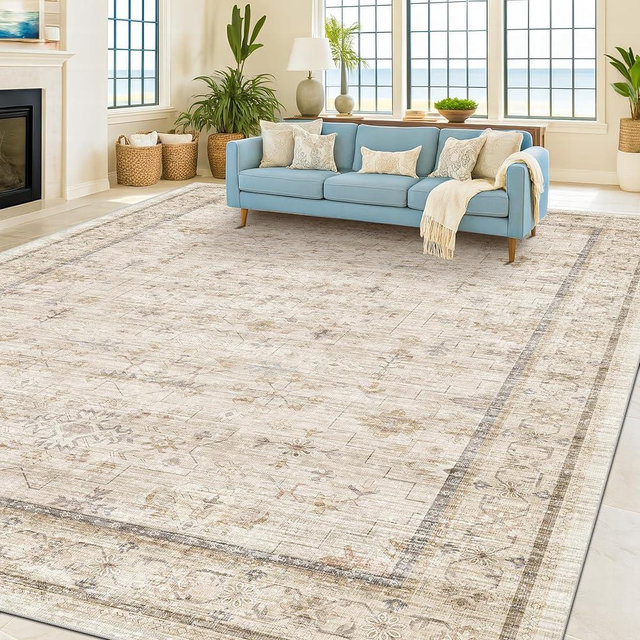 Washable Ivory Living Room Rug, 8x10 Non Slip Area Rugs for Bedroom, Dinning Room Under Table Low Pile Neutral Farmhouse Vintage Foldable Decor
