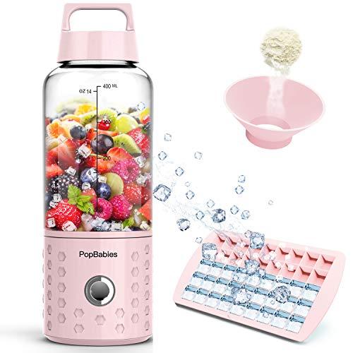 PopBabies Portable Blender, Mini Smoothie Maker with with USB Rechargeable, Larger Stronger and Faster, Blending While Charging with Ice Tray, Funnel, Recipe Princess Pink(FDA BPA Free)
