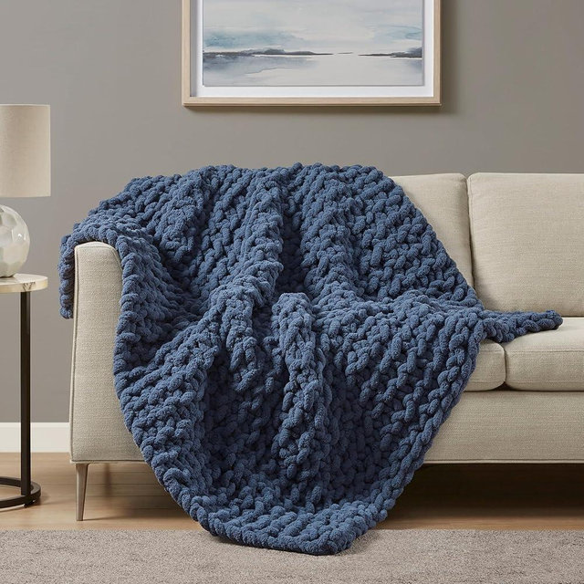 Madison Park Chenille Chunky Knit Handmade Throw Blanket, Luxuriously Soft Gift Blankets, Cottage Style Room Décor, Lightweight & Breathable All Seasons Throw Blanket for Couch, 50"W x 60"L Navy Blue