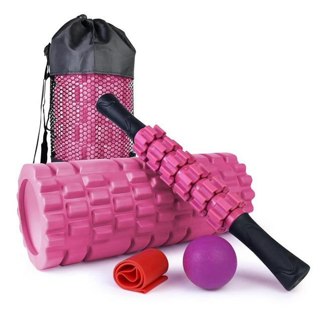 JOYENERGY 5 in 1 Foam Roller Set Trigger Point Foam Roller Patented, Massage Roller Stick, Massage Ball, Stretching Strap for Deep Muscle Massage Pilates Yoga, Fitness Exercise for Whole Body(Pink)