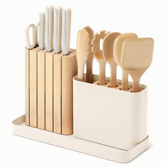 Caraway 14-Piece Kitchen Prep Set - Kitchen Knife Set & Wooden Utensil Set - Made With Premium German Steel Blades & FSC-Certified Birch Wood - Non-Toxic Materials - Includes Organizer - Cream