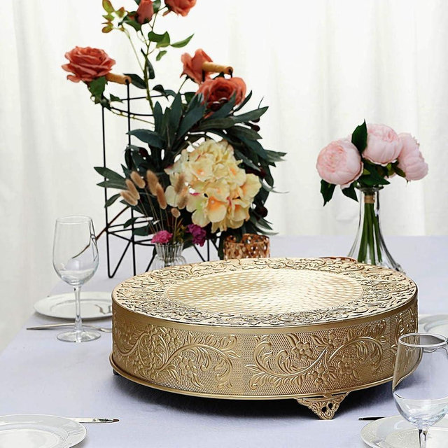 TABLECLOTHSFACTORY 18" Round GOLD Embossed Metal Cake Plateau Stand Riser Wedding Dessert Display Plate