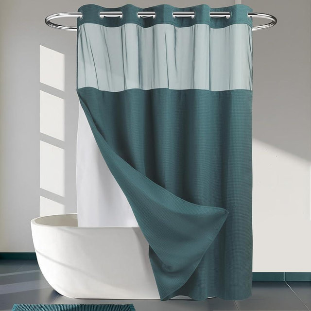 Heavyweight No Hooks Required Dotted Waffle Weave Shower Curtain with Snap in Liner - 71W x 74H,Hotel Grade,Spa Like Bath Curtain,Teal