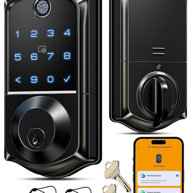 Veise VE017 Fingerprint Smart Door Lock, App Control, 8-in-1 Keyless Entry, Auto Lock, Emergency Power Port, Electronic Touchscreen Keypad, Biometric Smart Locks for Front Door, Matte Black