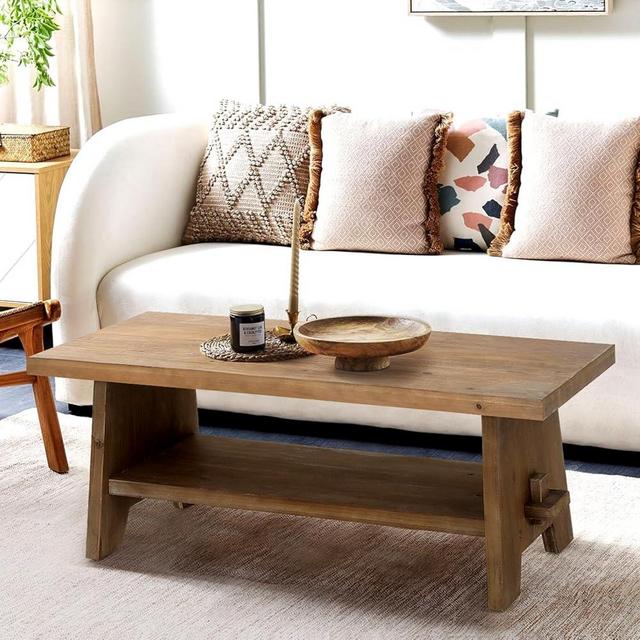 Farmhouse Wood Coffee Table - 43.4” Mid Century Modern Wooden Coffee Tables for Living Room, Solid Firwood Tabletop Rectangle Coffee Table, Center Table for Living Room, Brown
