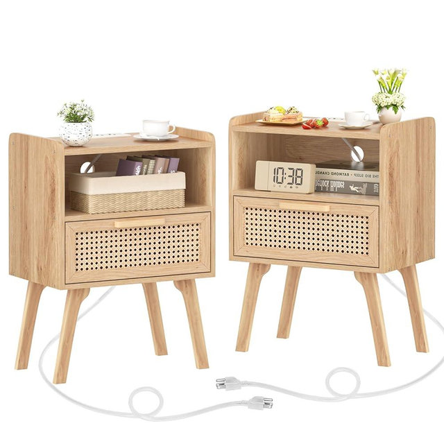 Lerliuo Rattan Nightstands Set of 2 with Charging Station, Boho Night Stand with Handmade Natural Rattan Drawer and Open Shelf, Side End Tables with Solid Wood Legs for Bedroom, Dorm, Small Spaces