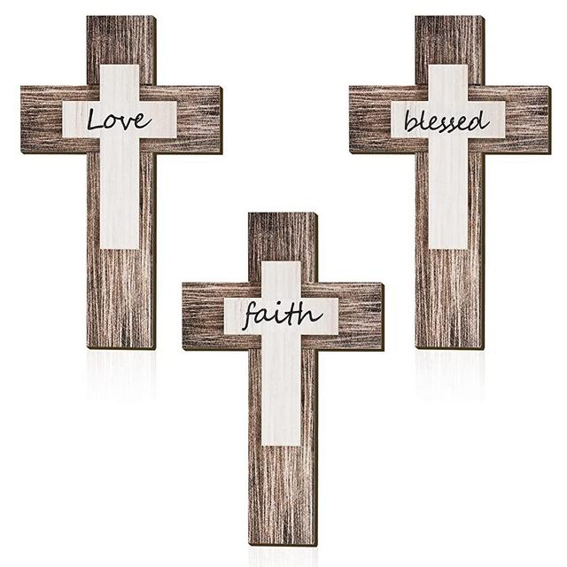 3 Pieces Easter Cross Wall Decor Faith Love Blessed Wooden Decoration Rustic Vintage Cross Wall Art Religious Love Hanging Sign Inspirational Cross Decor Farmhouse Home Hanging Decor (Wood)