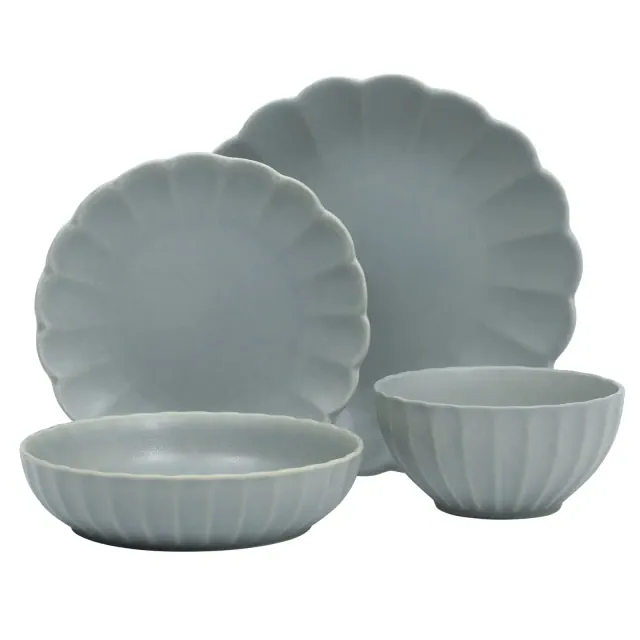 Gibson Elite Malibu Shore 16 Piece Scallop Stoneware Reactive Glaze Ceramic Plates and Bowls Dinnerware Set - Blue