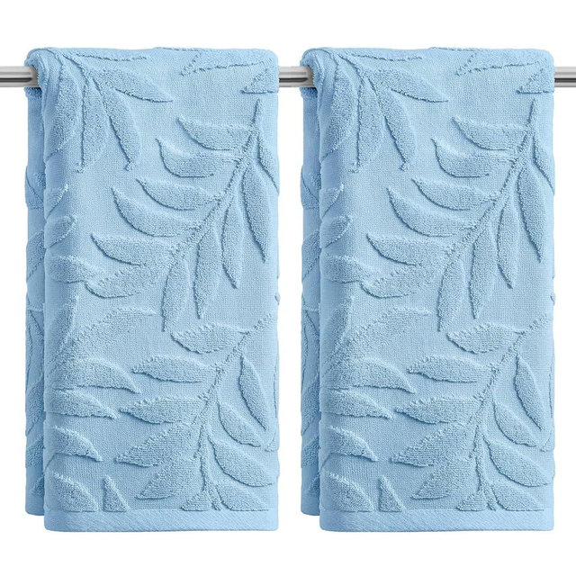 Artoid Mode 2 Pcs Light Blue 3D Leaves Jacquard Spring Hand Towels for Bathroom, 100% Cotton Soft Absorbent Bathroom Decor Towels, 13.7 x 29.5 Inch
