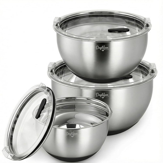 Mixing Bowls with Airtight Lids, Stainless Steel Nesting Bowl Set with Clear Lids & Valve, 3 Essential Sizes (1.5/3/5 QT), Measurement Marks, Non-Slip Silicone Base, Food Prep & Fridge Storage