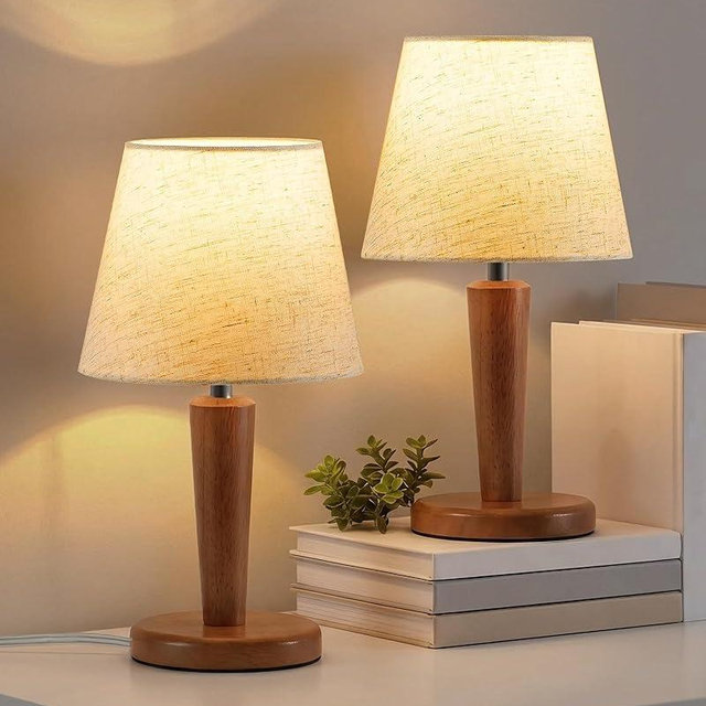 GOEBLESON 12" Wood Bedside Table Lamps Set of 2, Small Desk Lamps for Small Places, 3 Color Temperatures with Memory, Beige Linen Shade & E26 Bulbs, for Bedroom Living Room Office LE13TLP205