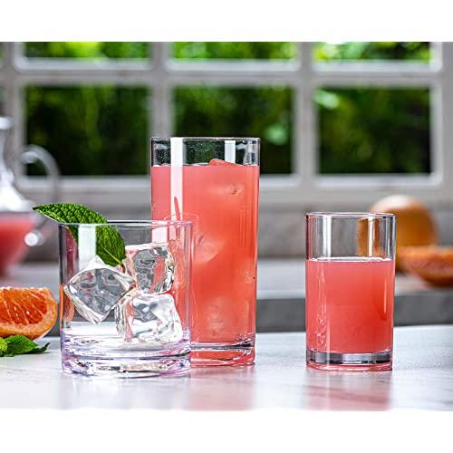 Acrylic Drinking Glasses [Set of 18] Glassware Set Includes 6-17oz Highball Glasses, 6-13oz Rocks Glasses, 6-7 oz Juice Glasses| Heavy Base Glass Cups for Water, Juice, Beer, Wine, and Cocktails…