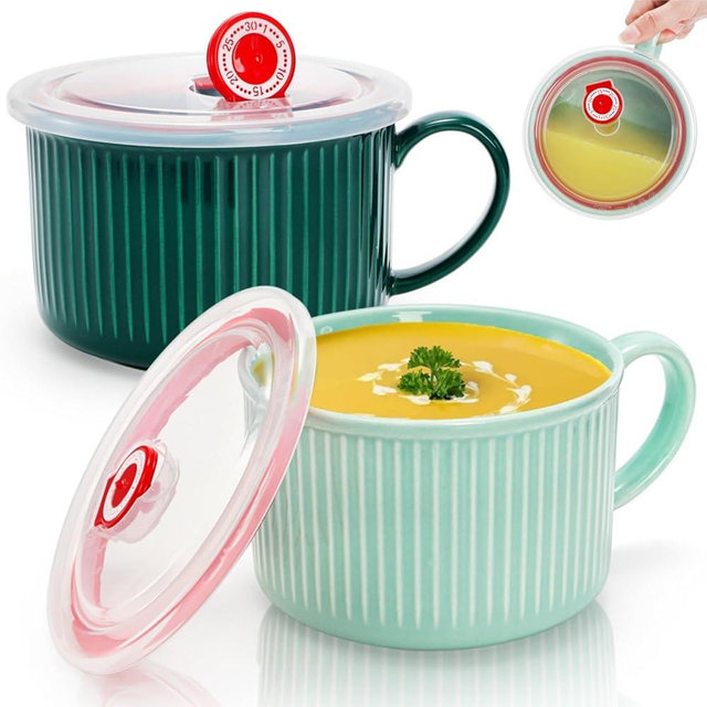 Eorbow 2 Packs Ceramic Soup Bowls with Handles, 32 OZ Microwave Safe Soup Mug with Vented Lid, Leak-proof French Onion Soup Bowls, Large Soup Crocks for Ramen, Noodle, Cereal